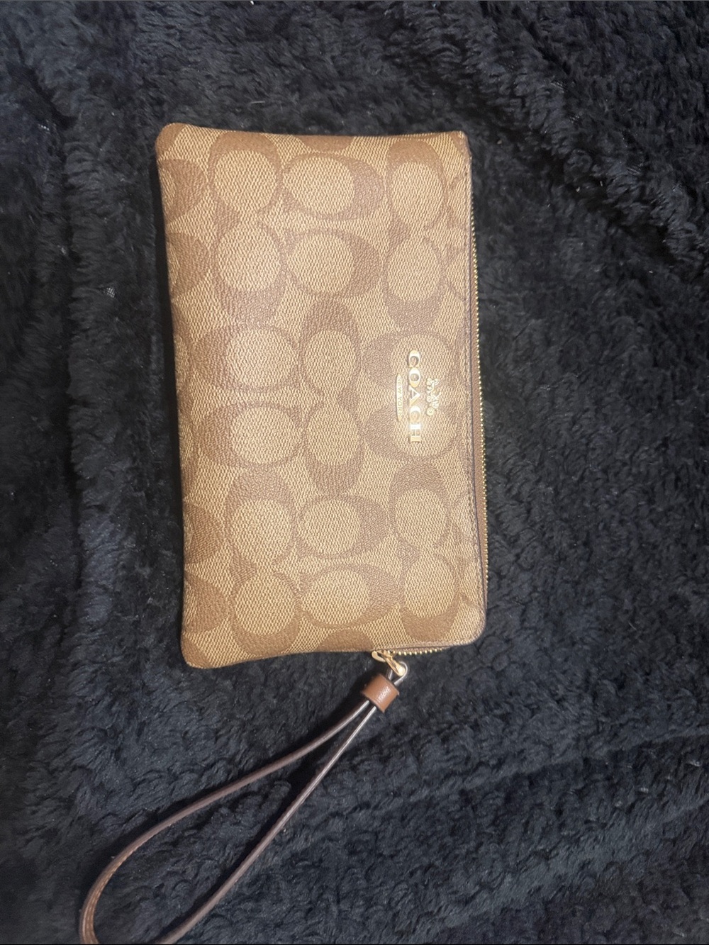 Coach Brown Signature Wristlet Clutch with Gold Logo